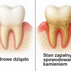 Porównanie zdrowego zęba z zapaleniem spowodowanym kamieniem poddziąsłowym. Po prawej stronie widoczny żółty nalot i zaczerwienione dziąsło.