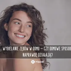 Uśmiechnięta kobieta z piegami. Tekst: "Wybielanie zębów w domu – czy domowe sposoby naprawdę działają?".