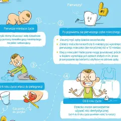 Kiedy wychodzą 6 zębów u dziecka, zaczynamy dbać o higienę jamy ustnej. Ilustracja pokazuje etapy rozwoju zębów i pielęgnacji.