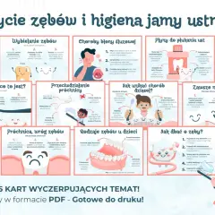 Ilustracja pokazuje, jak prawidłowo myć zęby, zapobiegać próchnicy i dbać o higienę jamy ustnej.