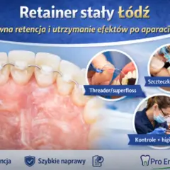 Retainer stały na zębach, zapewniający pewną retencję po leczeniu ortodontycznym. Pokazano też nitkowanie i higienizację.