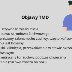 Objawy TMD: ból, sztywność mięśni żucia, ból stawu skroniowo-żuchwowego, trzaski, kliknięcia. Zespół Costena objawia się bólem.