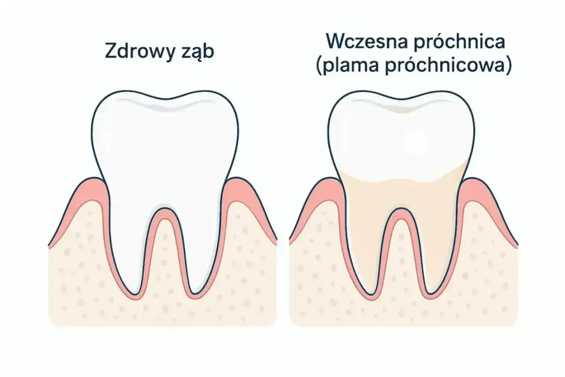 Zdrowy ząb obok zęba z wczesną próchnicą, która zaczyna tworzyć małą dziurę.