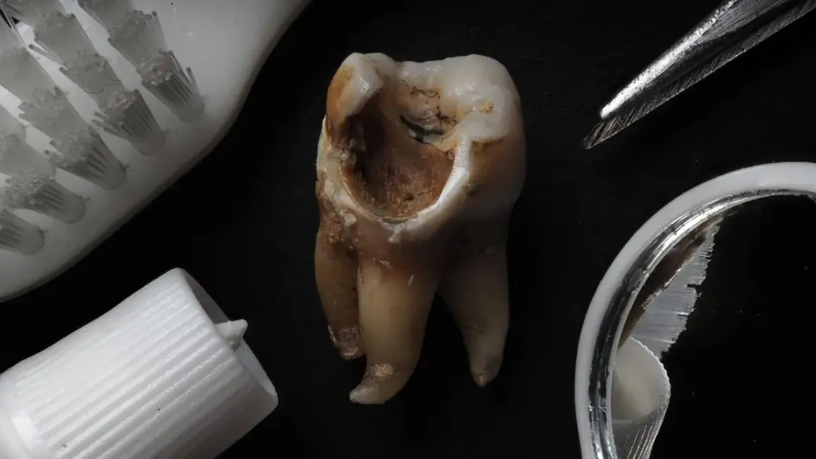 Widok z bliska na zniszczony ząb, pokazujący, jak wygląda próchnica. Obok szczoteczka, pasta i pęseta.