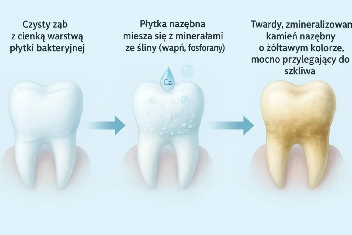 Proces powstawania kamienia nazębnego: od czystego zęba, przez płytkę nazębną mieszającą się z minerałami, aż do twardego, żółtawego kamienia nazębnego.