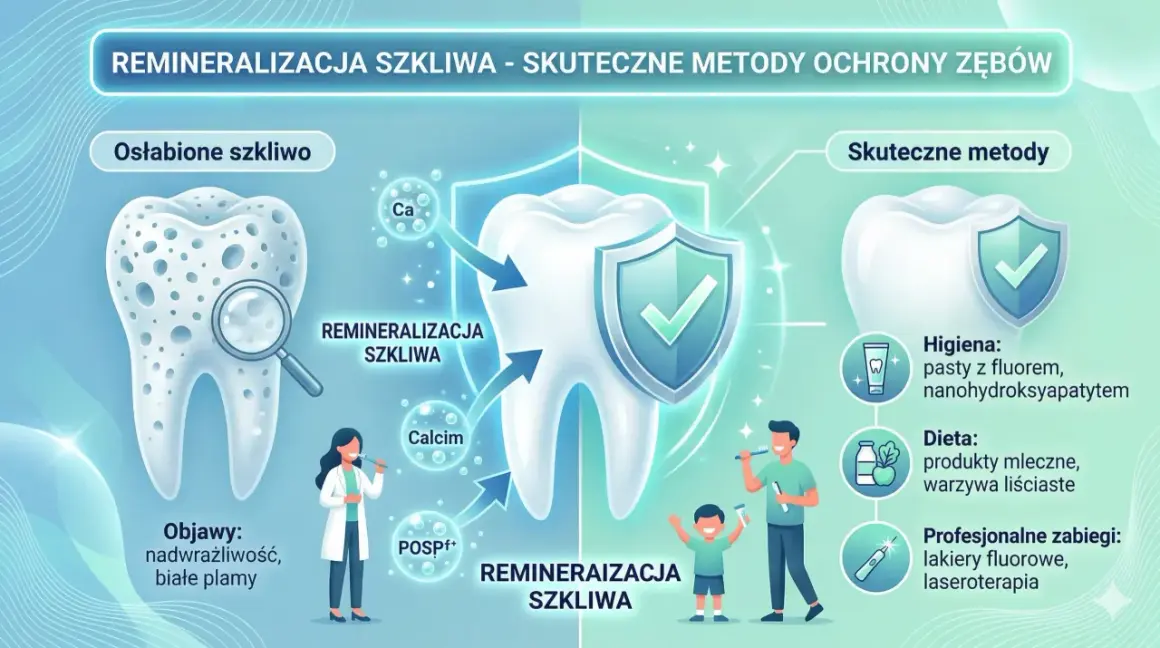 Remineralizacja szkliwa z użyciem past z nanohydroksyapatytem wzmacnia zęby. Grafika pokazuje osłabione szkliwo i skuteczne metody ochrony.