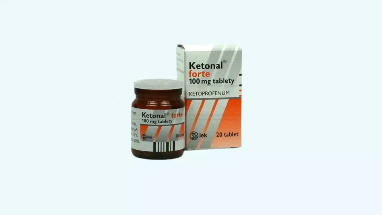 Ketonal forte na ból zęba. Opakowanie i buteleczka leku Ketonal forte 100 mg, zawierające ketoprofen.
