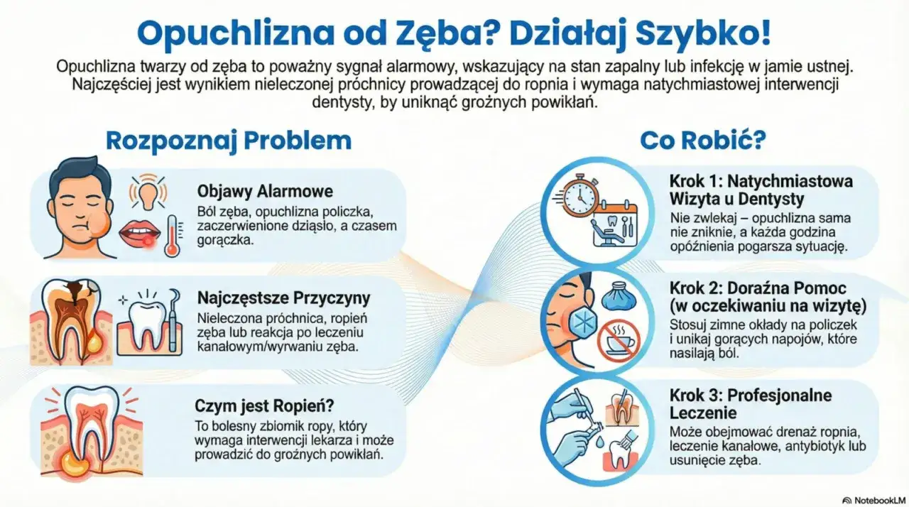 Opuchlizna po wyrwaniu zęba to sygnał infekcji. Na obrazku objawy, przyczyny i kroki postępowania: wizyta u dentysty, doraźna pomoc i leczenie.