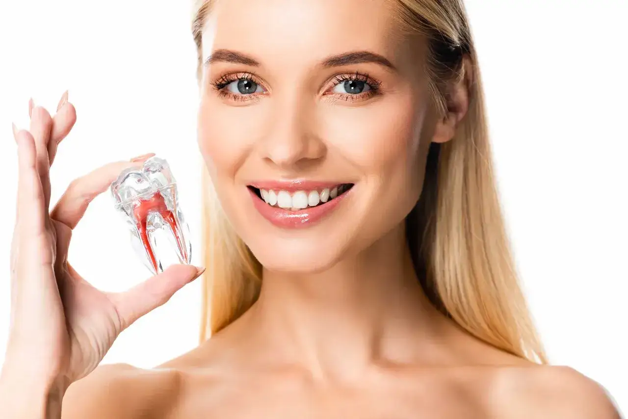 Uśmiechnięta blondynka trzyma model zęba, symbolizując drogę do idealnych zębów.