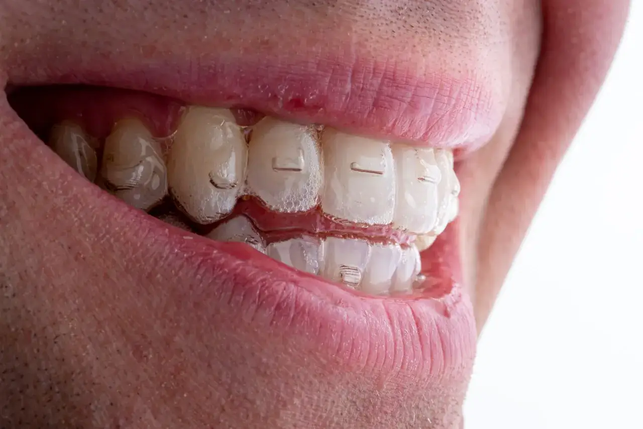 Zbliżenie na usta z niewidocznymi nakładkami Invisalign. Zastanawiasz się nad invisalign cena?