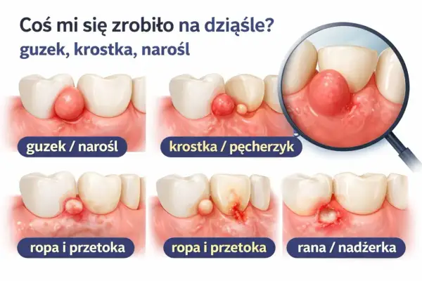Ilustracja pokazuje różne stadia ropnia na dziąśle u dziecka: guzek, krostkę, ropę i ranę.
