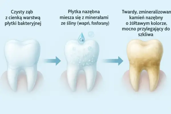 Proces powstawania kamienia nazębnego: od czystego zęba, przez płytkę nazębną mieszającą się z minerałami, aż do twardego, żółtawego kamienia nazębnego.