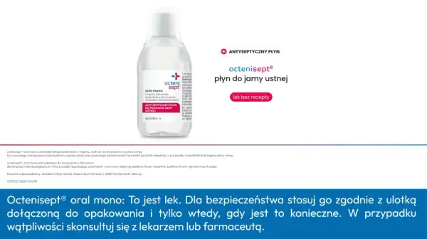 Butelka płynu do płukania jamy ustnej octenisept. Antyseptyczny płyn bez recepty.