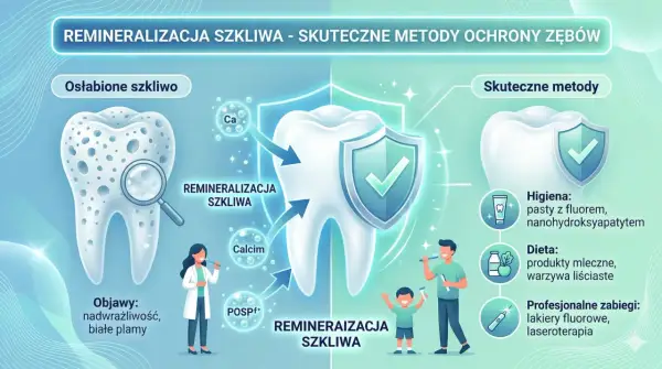 Remineralizacja szkliwa z użyciem past z nanohydroksyapatytem wzmacnia zęby. Grafika pokazuje osłabione szkliwo i skuteczne metody ochrony.