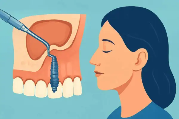 Ilustracja przedstawia zabieg sinus lift. Widoczny jest fragment szczęki z implantem i narzędziem dentystycznym, obok profil kobiety.
