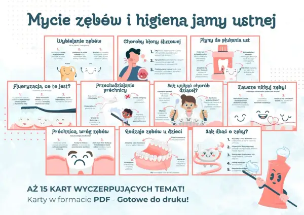 Ilustracja pokazuje, jak prawidłowo myć zęby, zapobiegać próchnicy i dbać o higienę jamy ustnej.