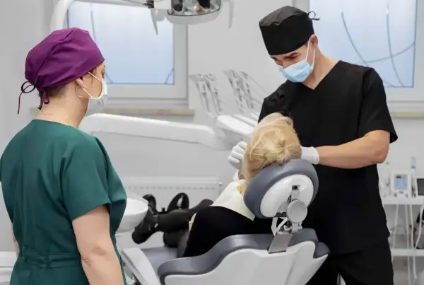 Dentysta w masce i czarnym uniformie wykonuje zabieg. Obok stoi asystentka w zielonym fartuchu. To zdjęcie szwów po zabiegu.